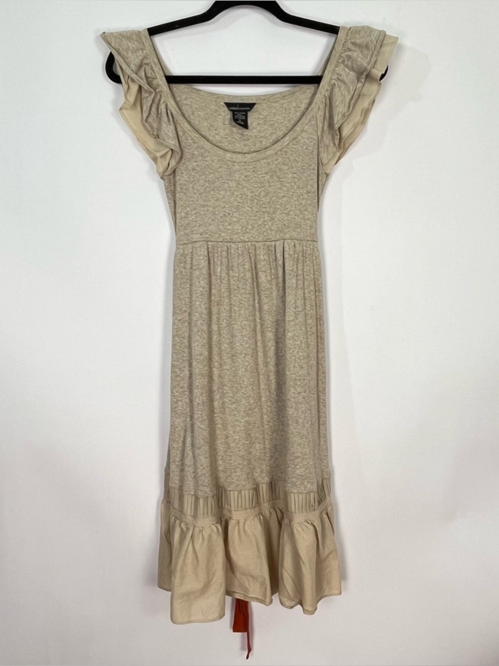 Moda International Oatmeal Tan Heathered Ribbed Dress Ruffle Sleeves Sz Small